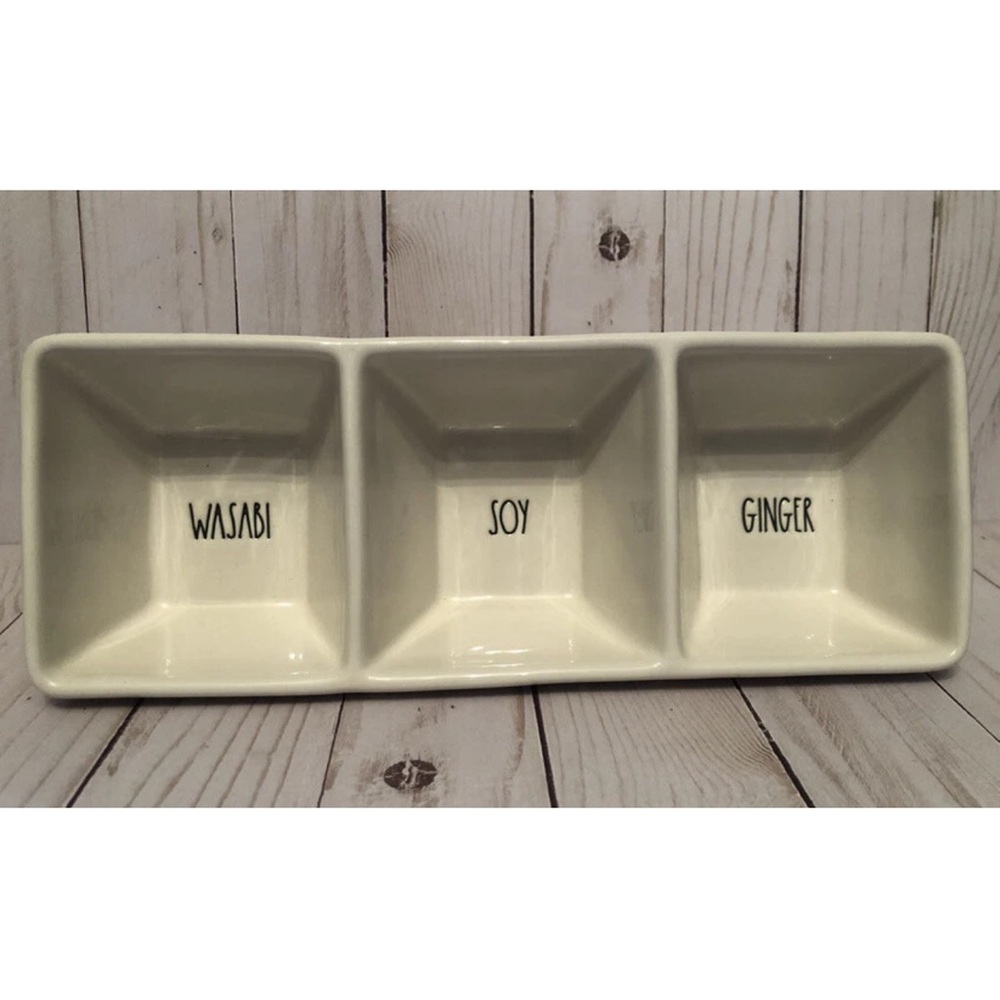 Rae Dunn Sushi Platter Ceramic Wasabi Soy Ginger Trio Serving Dish - Cream